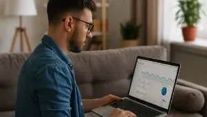 Freelancer z laptopem sprawdzający statystyki strony internetowej