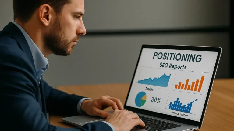 Właściciel firmy analizuje pozycjonowanie strony na laptopie