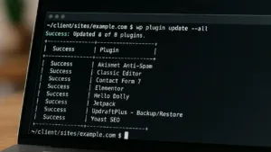 Terminal z otwartą sesją i komendą wp plugin update --all