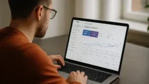 Właściciel sklepu analizuje dane SEO na laptopie