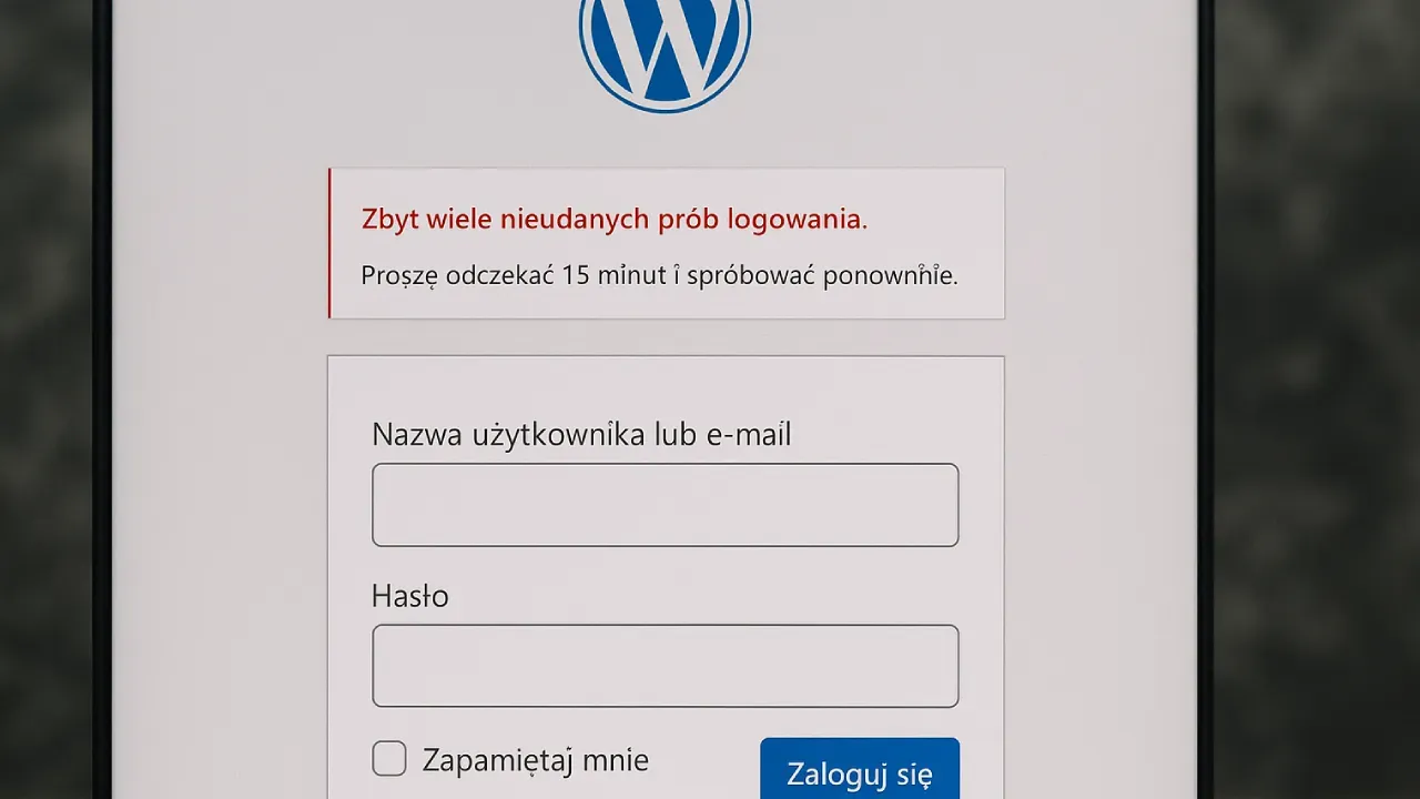 Zrzut ekranu z komunikatem „za dużo prób logowania” w panelu WordPress
