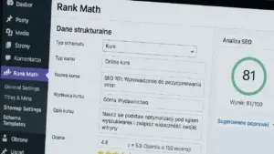 Panel Rank Math z widocznymi danymi strukturalnymi i analizą SEO