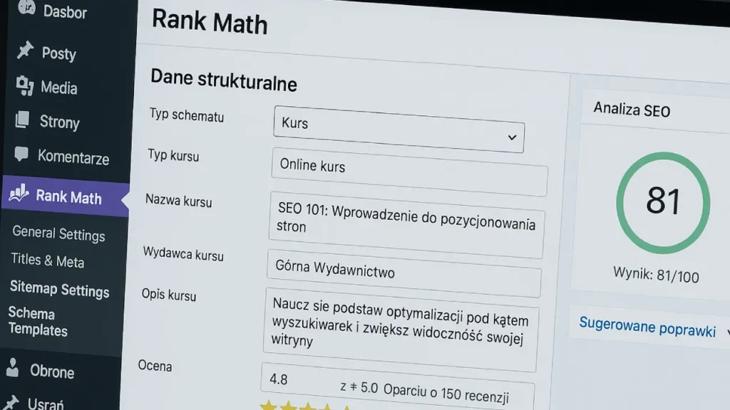 Panel Rank Math z widocznymi danymi strukturalnymi i analizą SEO